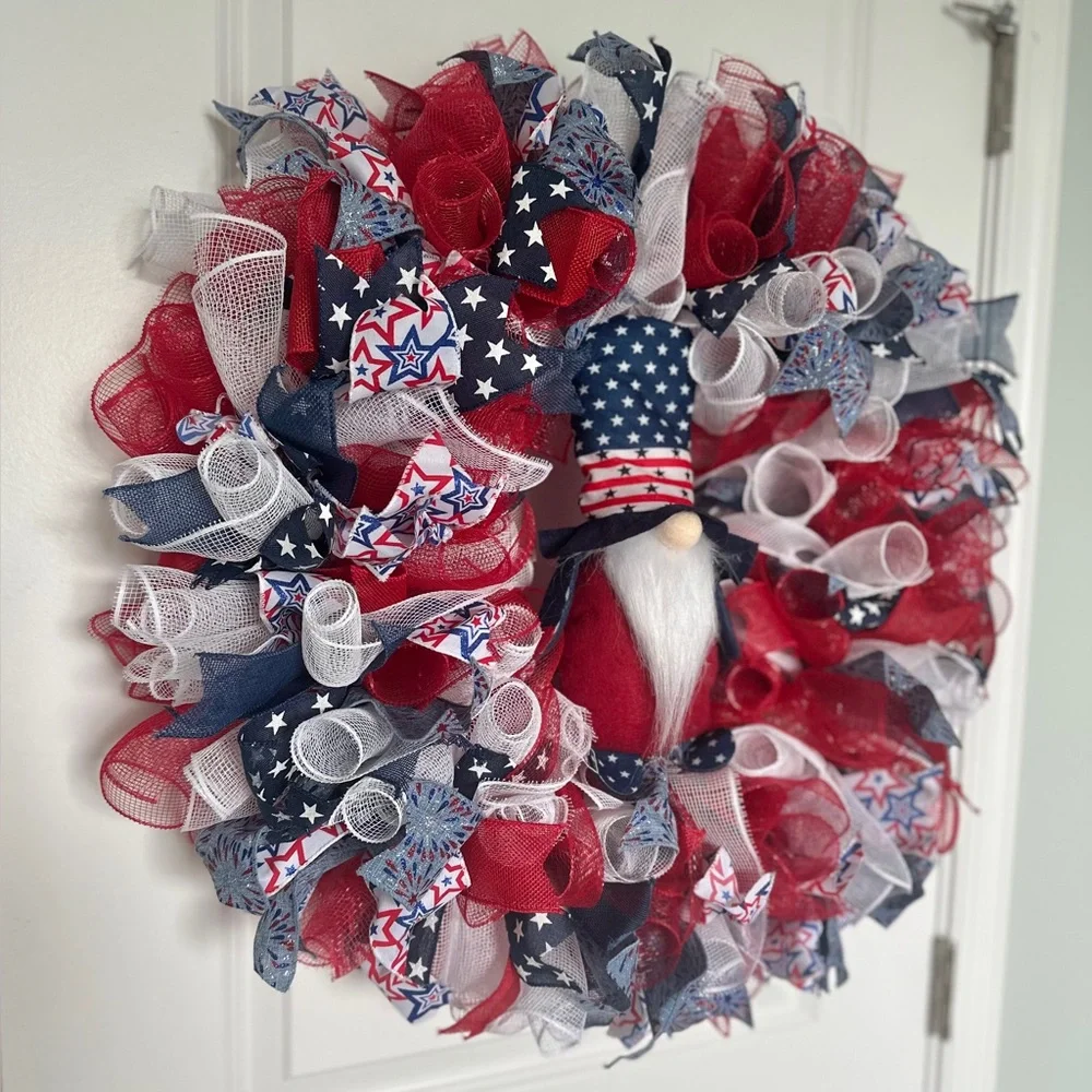 Patriotic Gnome Wreath Red White Blue Americana Summer Door Decor 27 inch